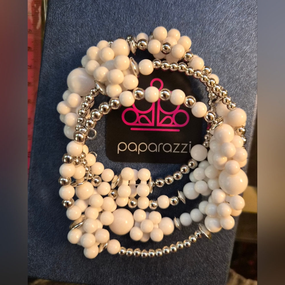 Paparazzi Silver and White Beaded Memory Wire Bracelet